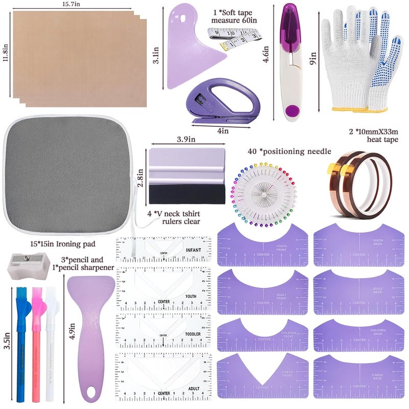 DNSGOOR Sublimation Shirts Tool Kits for Vinyl Alignment,Portable Pad for Ironing,T-Shirt Rulers Guide and Teflon Sheet for Cricut Heat Press HTV Vinyl Center Designs,Craft Sewing Accessories - Image 2